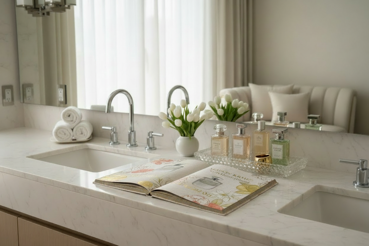 Bathroom counter with sink, books, and decorative items.